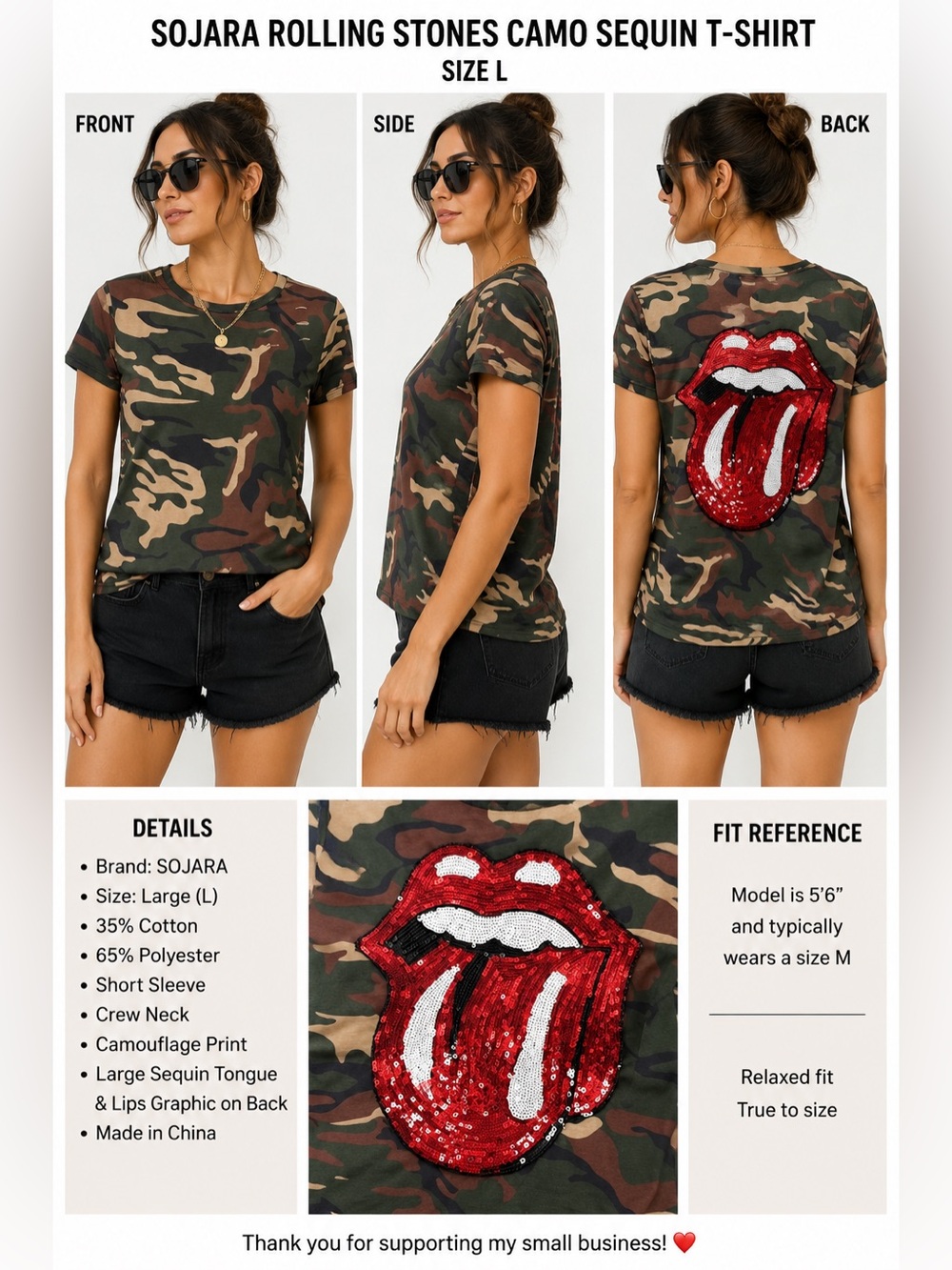 SOJARA Rolling Stones Camo Sequin Tongue Lips Graphic Band T-Shirt Size L